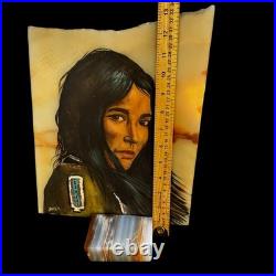 VTG Native American Indian Chief Painting Set On Slab Southwestern Decor Signed