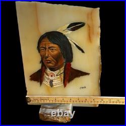 VTG Native American Indian Chief Painting Set On Slab Southwestern Decor Signed