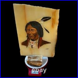 VTG Native American Indian Chief Painting Set On Slab Southwestern Decor Signed