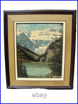 VTG Oil PAINTING Framed ART Trees LAKE Mountains Signed J. STANGE 10 X 12