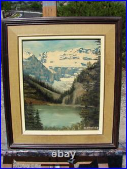 VTG Oil PAINTING Framed ART Trees LAKE Mountains Signed J. STANGE 10 X 12