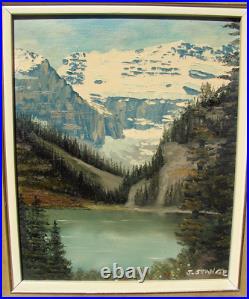 VTG Oil PAINTING Framed ART Trees LAKE Mountains Signed J. STANGE 10 X 12