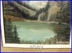 VTG Oil PAINTING Framed ART Trees LAKE Mountains Signed J. STANGE 10 X 12