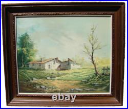 VTG Oil PAINTING Landscape House MOUNTAIN Tree Framed CANVAS ART Sign ARROYO
