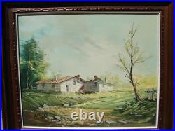 VTG Oil PAINTING Landscape House MOUNTAIN Tree Framed CANVAS ART Sign ARROYO
