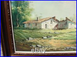 VTG Oil PAINTING Landscape House MOUNTAIN Tree Framed CANVAS ART Sign ARROYO