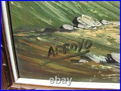 VTG Oil PAINTING Landscape House MOUNTAIN Tree Framed CANVAS ART Sign ARROYO