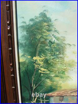 VTG Oil PAINTING Landscape House MOUNTAIN Tree Framed CANVAS ART Sign ARROYO