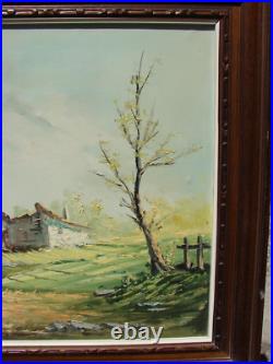 VTG Oil PAINTING Landscape House MOUNTAIN Tree Framed CANVAS ART Sign ARROYO