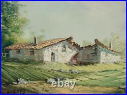 VTG Oil PAINTING Landscape House MOUNTAIN Tree Framed CANVAS ART Sign ARROYO