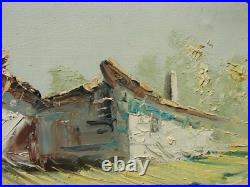 VTG Oil PAINTING Landscape House MOUNTAIN Tree Framed CANVAS ART Sign ARROYO