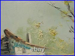 VTG Oil PAINTING Landscape House MOUNTAIN Tree Framed CANVAS ART Sign ARROYO