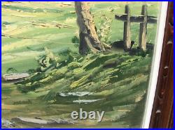VTG Oil PAINTING Landscape House MOUNTAIN Tree Framed CANVAS ART Sign ARROYO
