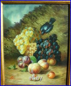 VTG Oil Painting BLACK BIRD Fruit GRAPE Framed WALL Art ARTIST SIGNED Still LIFE