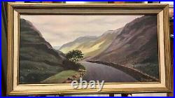 VTG Oil Painting Canvas 10x20, Frame 12x22 Mountains Country Road Sign BORMAN