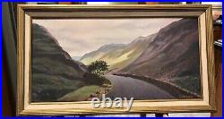 VTG Oil Painting Canvas 10x20, Frame 12x22 Mountains Country Road Sign BORMAN