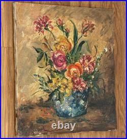 VTG Oil Painting Floral Still Life Signed 1940s Flowers in Vase 10x9 Unframed US