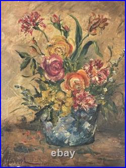 VTG Oil Painting Floral Still Life Signed 1940s Flowers in Vase 10x9 Unframed US VTG Oil Painting Floral Still Life Signed 1940s Flowers in Vase 10x9 Unframed US