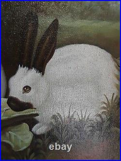 VTG Oil Painting Signed K. RICHARD Bunny Rabbits Munching Cabbage Ornate Frame