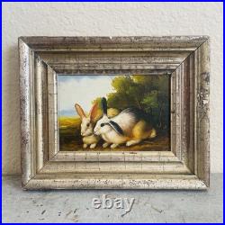 VTG Original Impression Oil on Wood Painting Rabbits Bunnies in Field Signed