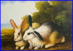 VTG Original Impression Oil on Wood Painting Rabbits Bunnies in Field Signed