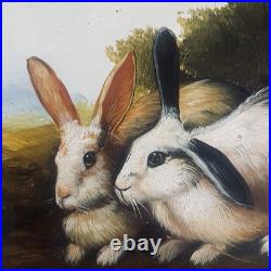 VTG Original Impression Oil on Wood Painting Rabbits Bunnies in Field Signed