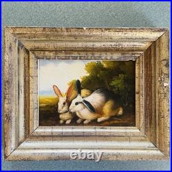 VTG Original Impression Oil on Wood Painting Rabbits Bunnies in Field Signed