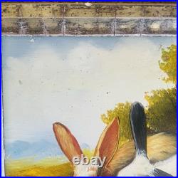 VTG Original Impression Oil on Wood Painting Rabbits Bunnies in Field Signed
