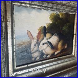 VTG Original Impression Oil on Wood Painting Rabbits Bunnies in Field Signed