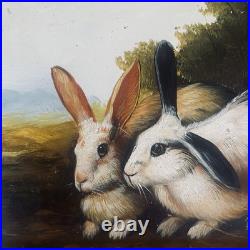 VTG Original Impression Oil on Wood Painting Rabbits Bunnies in Field Signed