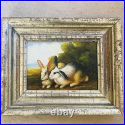 VTG Original Impression Oil on Wood Painting Rabbits Bunnies in Field Signed