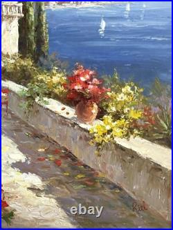 VTG Original Impressionistic Impasto Style O/C Mediterranean Bay Signed Riel