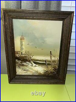 VTG Original OOAK H. Gailey Signed Oil Painting 8x10 Canvas Lighthouse Seagull