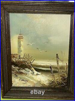 VTG Original OOAK H. Gailey Signed Oil Painting 8x10 Canvas Lighthouse Seagull