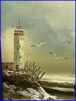 VTG Original OOAK H. Gailey Signed Oil Painting 8x10 Canvas Lighthouse Seagull