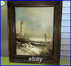 VTG Original OOAK H. Gailey Signed Oil Painting 8x10 Canvas Lighthouse Seagull