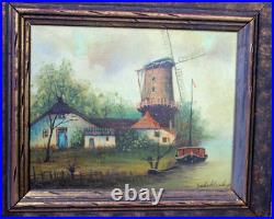 VTG Original Oil On Canvas Seaside Windmill Landscape Painting Signed Framed