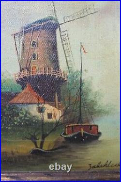 VTG Original Oil On Canvas Seaside Windmill Landscape Painting Signed Framed