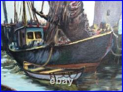 VTG Original Oil Painting Large nautical Boats Dock Coastal Landscape Art Signed