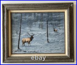 VTG Original Wildlife Canvas Oil Painting Bull Elk Winter Artist Signed 20x24 VTG Original Wildlife Canvas Oil Painting Bull Elk Winter Artist Signed 20x24