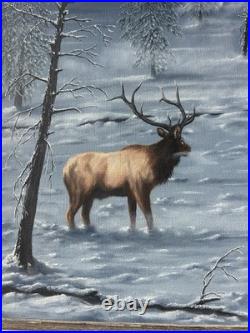 VTG Original Wildlife Canvas Oil Painting Bull Elk Winter Artist Signed 20x24 VTG Original Wildlife Canvas Oil Painting Bull Elk Winter Artist Signed 20x24