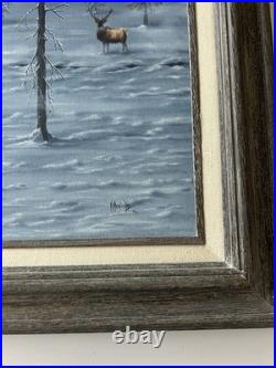 VTG Original Wildlife Canvas Oil Painting Bull Elk Winter Artist Signed 20x24