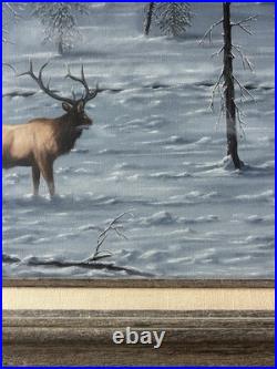 VTG Original Wildlife Canvas Oil Painting Bull Elk Winter Artist Signed 20x24
