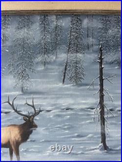 VTG Original Wildlife Canvas Oil Painting Bull Elk Winter Artist Signed 20x24