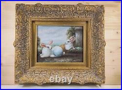 VTG Ornate Framed Hand Painted, Oil Painting 18x16 Rabbits, Bunnies, pet, Farm
