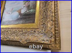VTG Ornate Framed Hand Painted, Oil Painting 18x16 Rabbits, Bunnies, pet, Farm