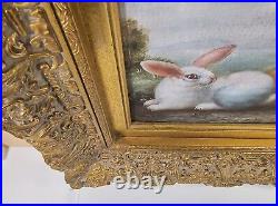 VTG Ornate Framed Hand Painted, Oil Painting 18x16 Rabbits, Bunnies, pet, Farm