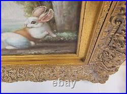 VTG Ornate Framed Hand Painted, Oil Painting 18x16 Rabbits, Bunnies, pet, Farm