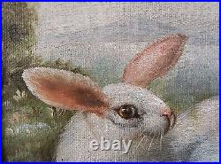 VTG Ornate Framed Hand Painted, Oil Painting 18x16 Rabbits, Bunnies, pet, Farm