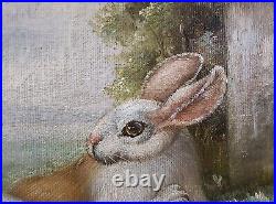 VTG Ornate Framed Hand Painted, Oil Painting 18x16 Rabbits, Bunnies, pet, Farm
